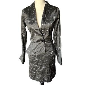 ANNI KUAN Silk 2piece Suit Size 2 Dark Grey Charcoal Embroidered Tie-Back Artsy